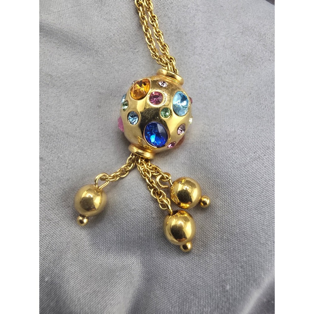 Vintage Joan Rivers Necklace Gold Blue Pink Rhinestone Orb Tassel 25in